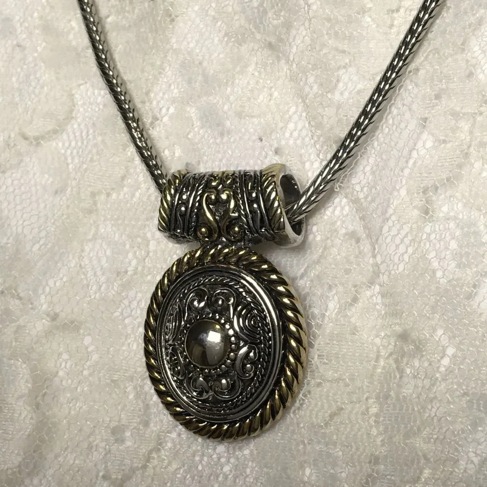 Vintage Silver Gold Tone Mix Necklace Ornate Medallion Woven Style Chain